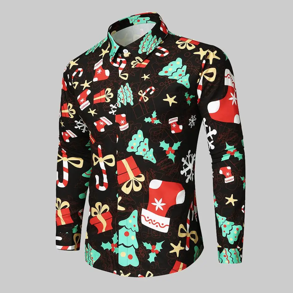 

Men Christmas Shirt Casual Snowflakes Santa Candy Printed Top Blouse Male Casual Xmas Party Chemise Homme camisa navidad hombre