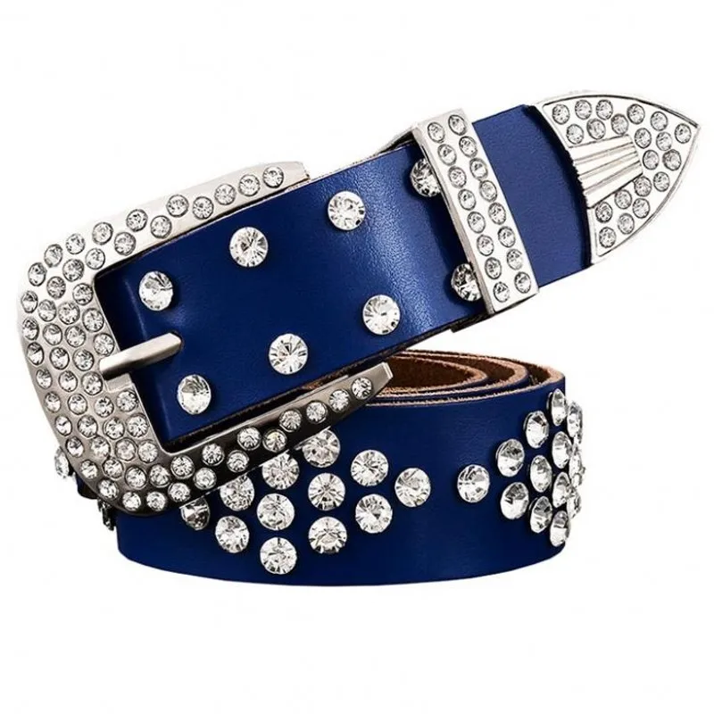 

Woman belts genuine leather high quality cow skin female strap fashion designer brand diamond crystal pin metal buckle