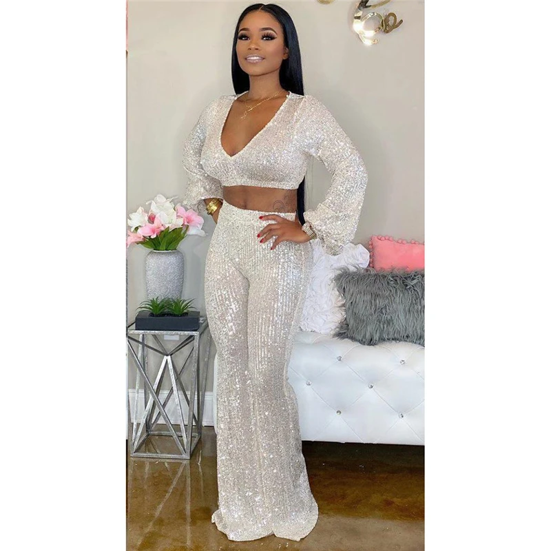 silver 2 piece set Adogirl, белый комплект из двух предметов с блестками, женский сексуальный топ с v-образным вырезом, длинным рукавом-фонариком, высокая талия, расклешенные штаны, вечерние костюмы для ночного клуба - Цвет: silver 2 piece set