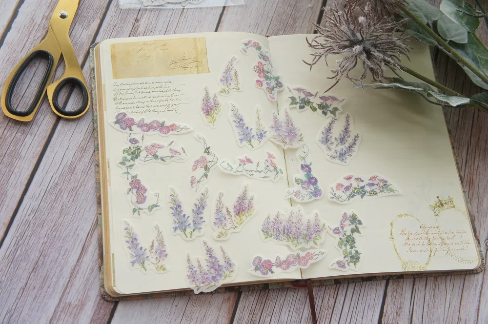 38 шт Золотой Фиолетовый Morning Glory Wisteria стиль бумажная наклейка для скрапбукинга прозрачная бирка этикетка украшение бирка