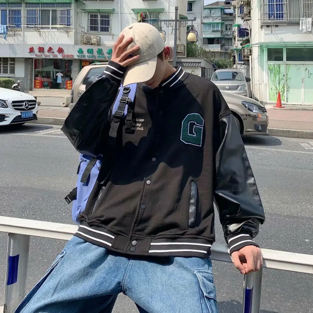 

Harajuku style ins baseball uniform tide brand super fire cec tooling jacket spring and autumn pilot trend leather sleeve jacket