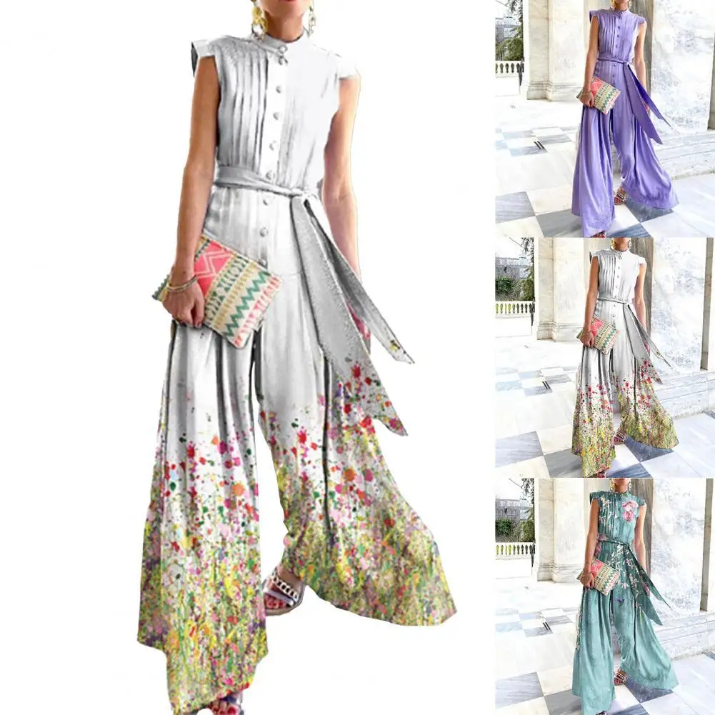 

Женский Длинный комбинезон без рукавов, свободный винтажный комбинезон с широкими штанинами и поясом, уличная одежда с высокой талией, лето