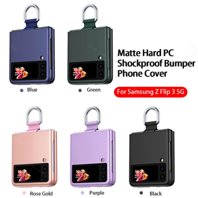 

Luxury With Hang Ring ZFlip3 Phone Case For Samsung Galaxy Z Flip 3 Cover Solid Color Feel Skin Hard PC Plastic Protector Shell
