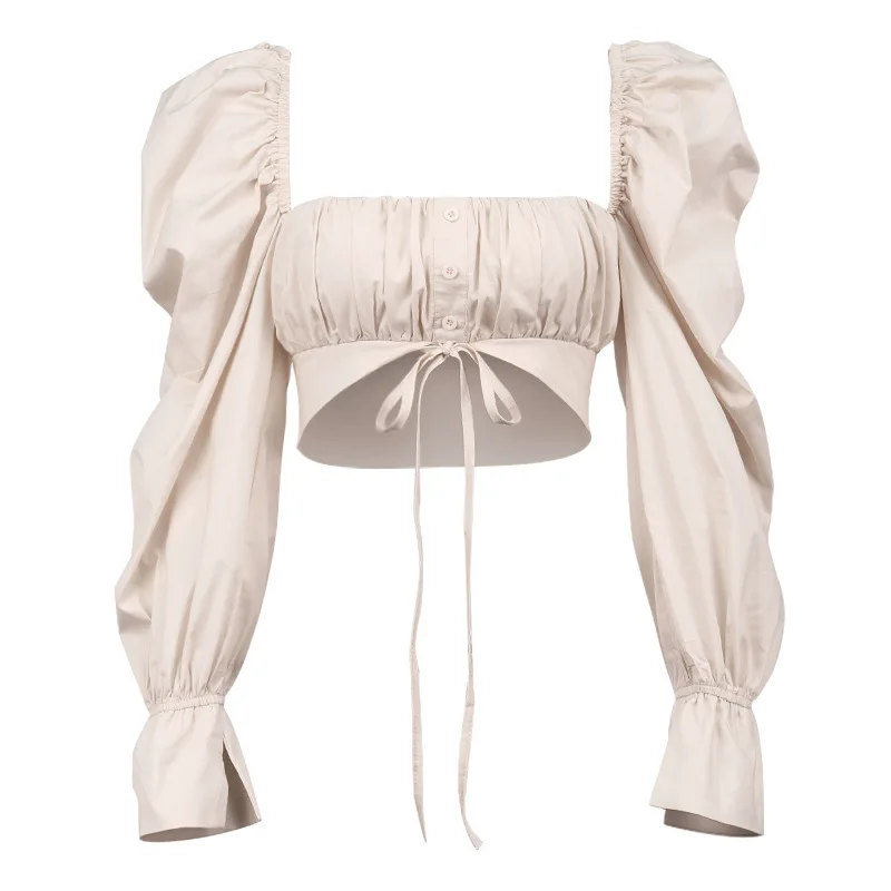 

2021 summer new explosions women's solid color square collar bubble sleeves with folds and navel short tops women