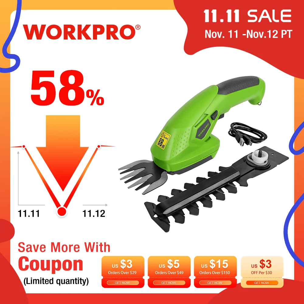 Триммер WORKPRO садовый Электрический 2-в-1, 3,6 В, литий-ионный