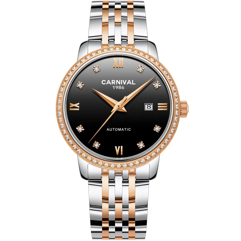 Rose gold black Роскошные золотые часы женские швейцарские карнавальные брендовые механические часы для дам сапфировые водонепроницаемые часы с датой из нержавеющей стали для женщин - Цвет: Rose gold black