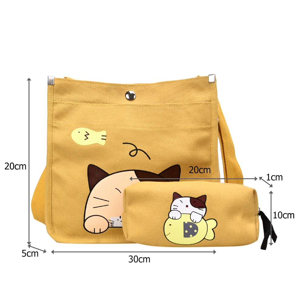 2pcs/set Women Canvas Cartoon Cat Print Shoulder Crossbody Handbags Pen Bag Shopping | Багаж и сумки