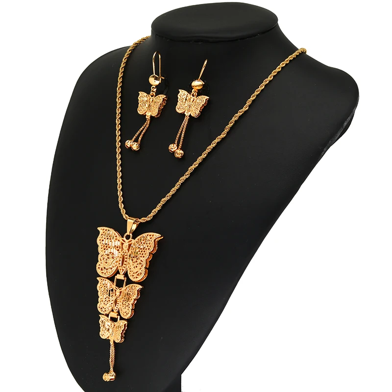 

Habesha 24k Jewelry sets for women Girls Dubai gold color Butterfly Ethiopian Necklace earrings African wedding bridal Gift