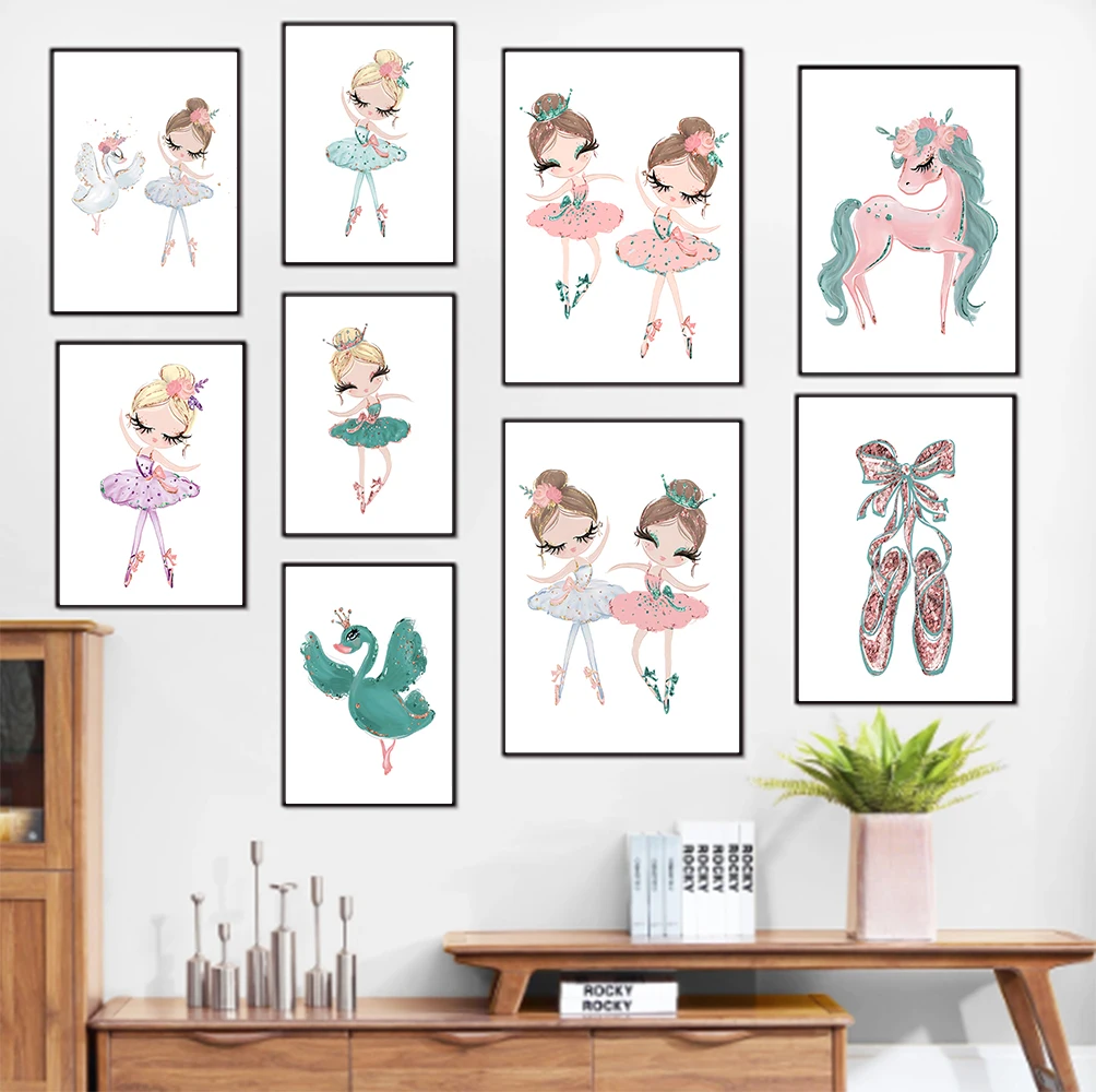 

Nordic ballet princess baby nursery unicorn wall art poster canvas painting swan wall painting girl children's room decoration