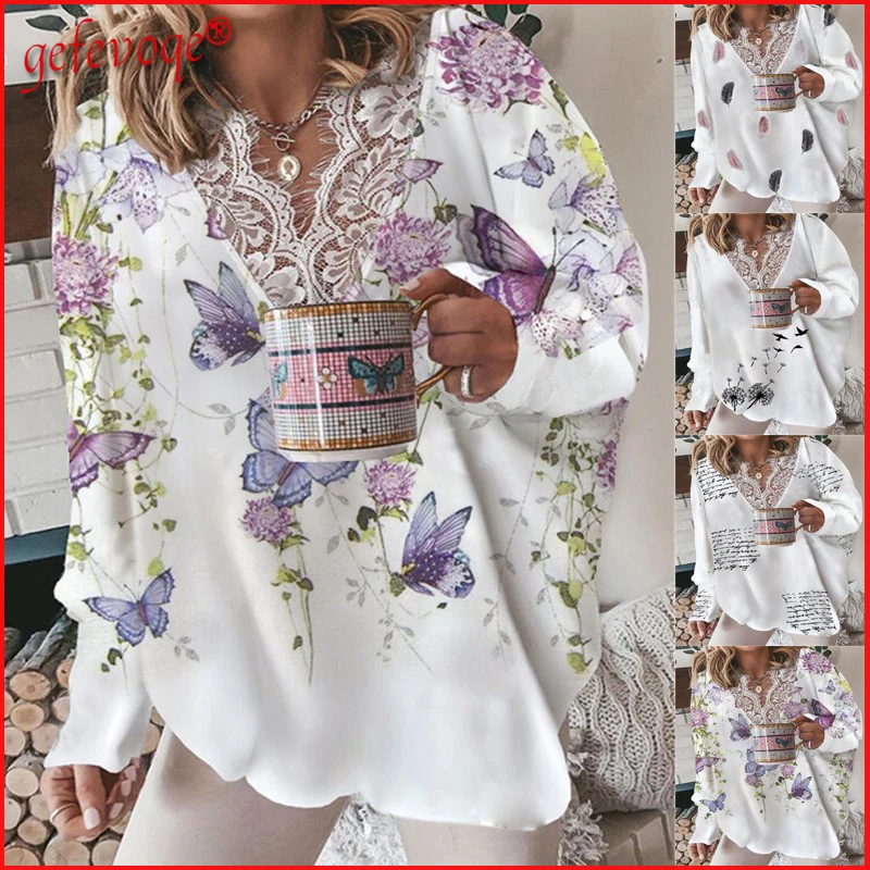 

Sexy Elegant Lace Patchwork Top Women's Fashion Print Blouses Casual Loose Blouse Long Sleeve Oversize Shirt Female Clothing2021