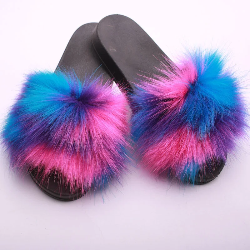 

Fur Slides Women Fluffy Slippers Faux Fur Flat Non-slip Rainbow Woman Home Fur Slippers Cute Furry Flip Flops Plush Shoes