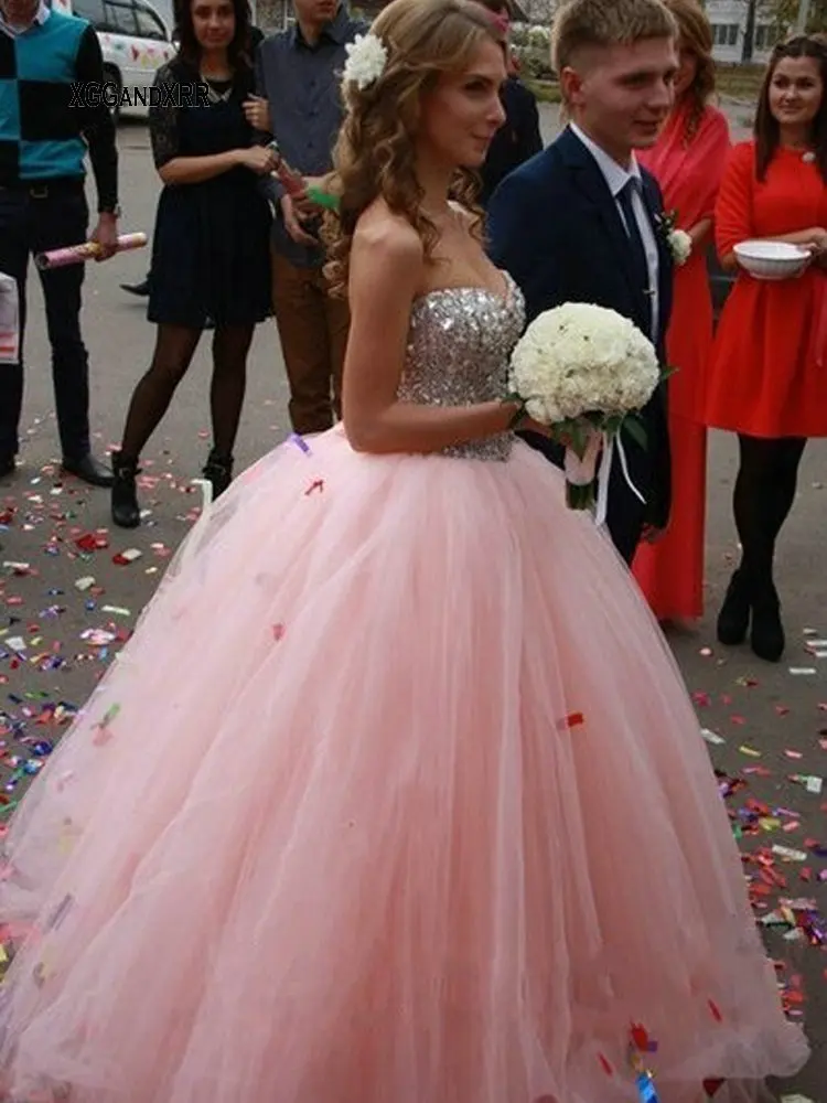 

Sparkly Sweetheart Light Pink Princess Quinceanera Dresses 2020 Off Shoulder Crystal Sweet 16 Dress Corset Ball Gown Prom Dress