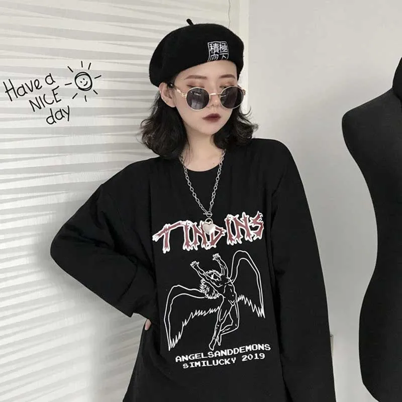 NiceMix весна корейский осень ulzzang Харадзюку улица хип-хоп Темный Ретро Ангел печать футболка ins модная свободная повседневная женская