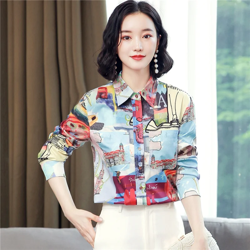 

Korean Fashion Silk Women Blouses Satin Long Sleeve Women Shirts Pattern Office Lady Blusas Largas Plus Size XXXL Womens Tops