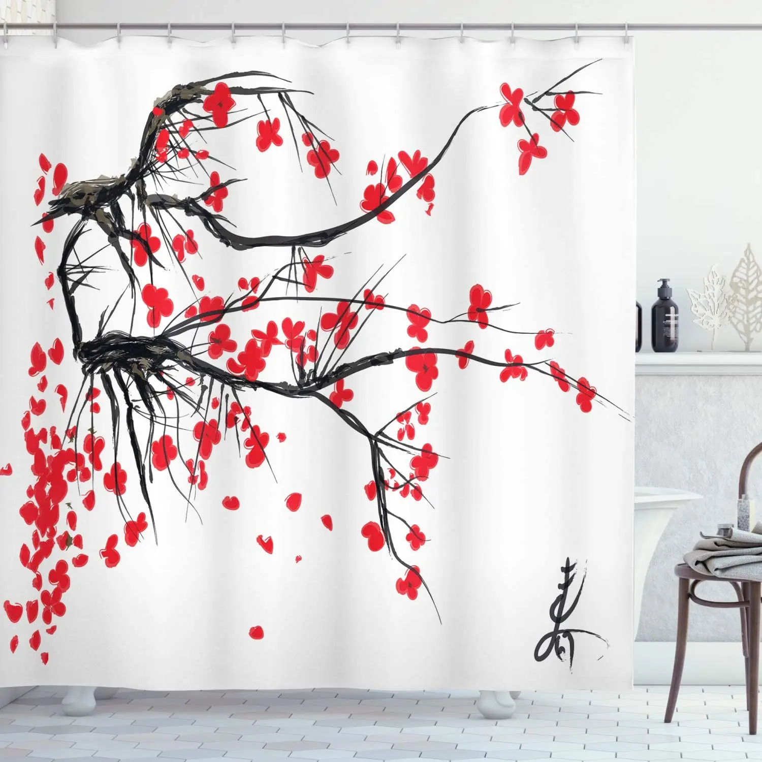 japanese cherry blossom bathroom shower curtains anime spring plum red pink floral sakura ink painting flowers bath curtain set free global shipping