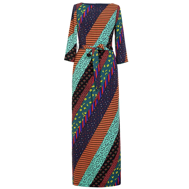 

Striped Print 2020 Spring Style Women O-Neck Belt Patchwork Sexy Back Split Ankle Long Vintage Retro Dress Female