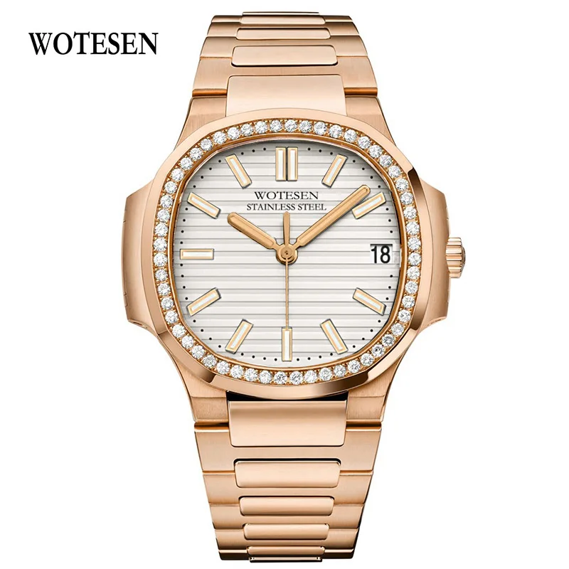 Новые мужские часы Patek, роскошные часы топ бренда с бриллиантами, мужские Модные Повседневные военные водонепроницаемые часы из нержавеющей стали золотистого цвета - Цвет: Золотой