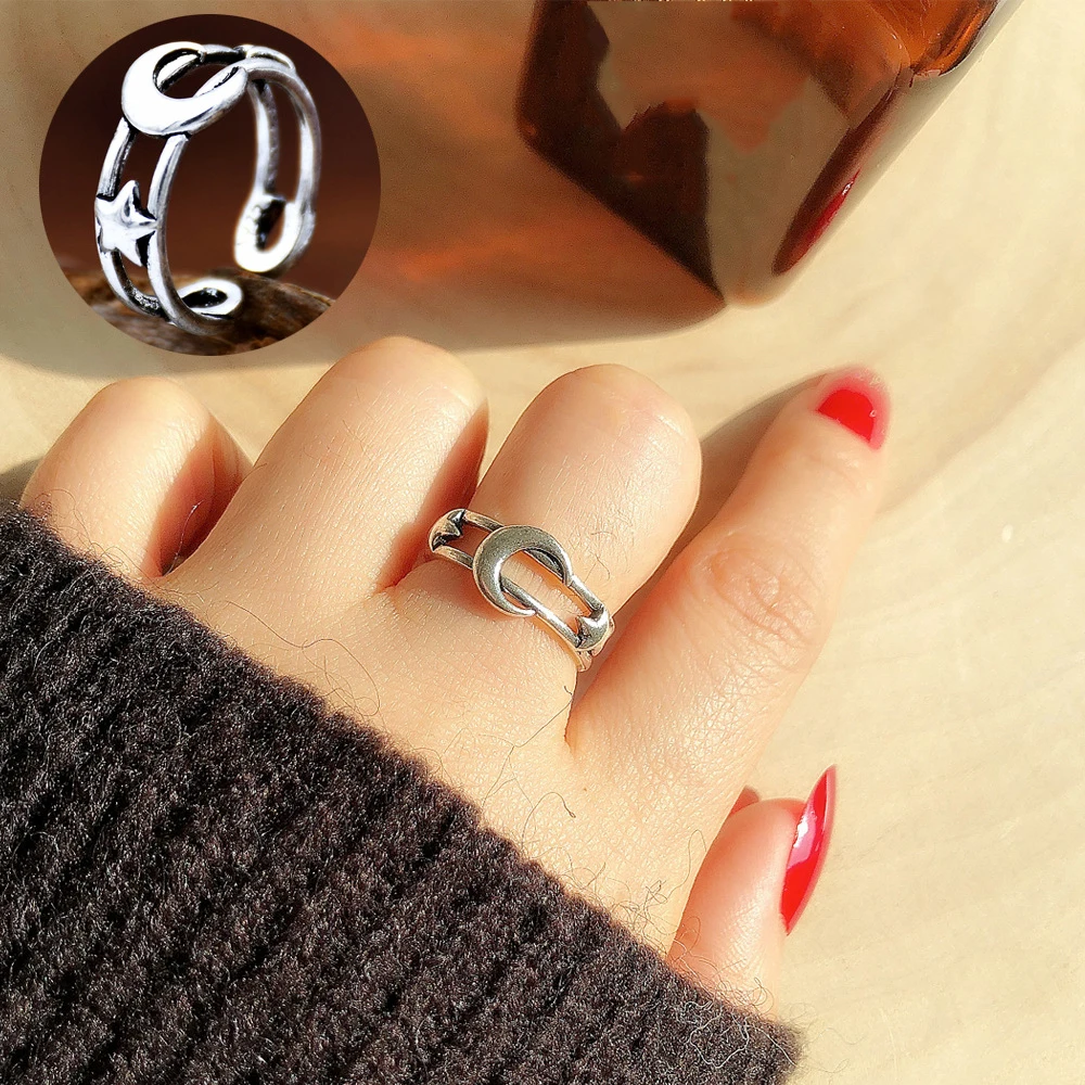 

Vintage Trendy Silver Color Open Rings for Women Men Stars Moon Cross Rose Flower Adjustable Finger Ring Party Banquet Jewelry