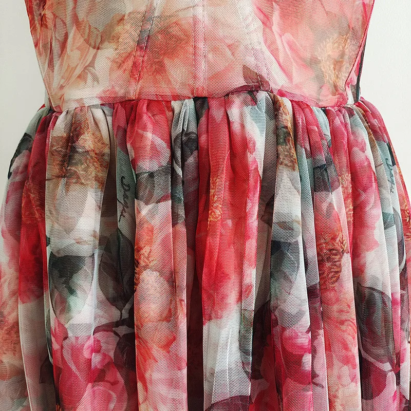 

2021 New Fashion Women High Quality Summer Runway Floral Print Strapless Mesh Party Dress Sexy Robe Festa