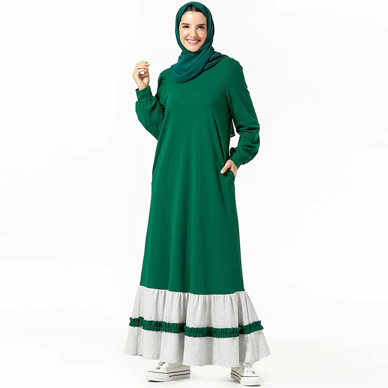 Новое мусульманское платье турецкое модное с карманами круглым вырезом и