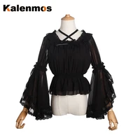 blouses women lolita shirts petticoat evening party gothic vintage korean japan elastic waist long flare sleeve cute blouse