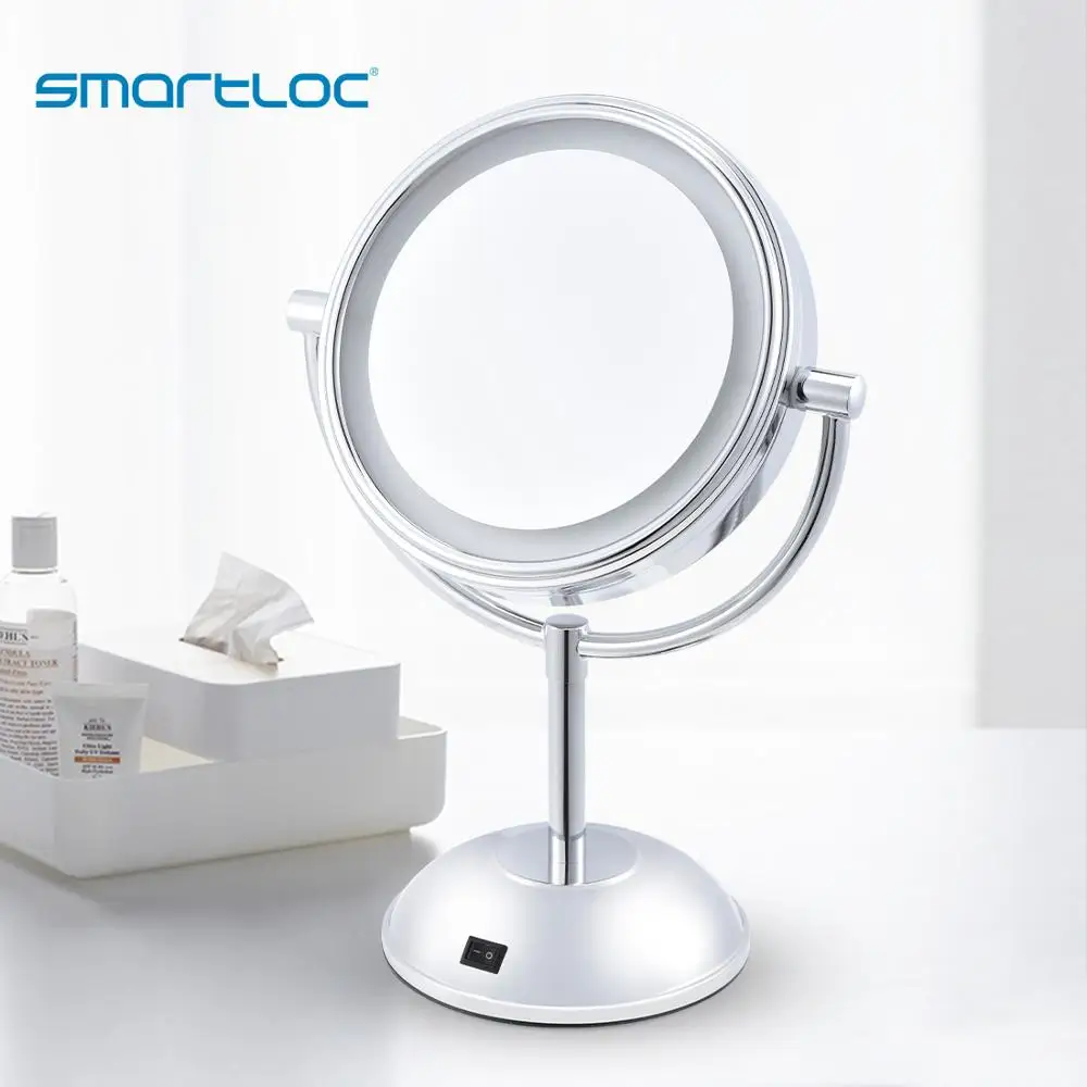 

smartloc 2 Face Iron LED Lights Bathroom Stand Round Mirror Makeup 5X Magnifying Bath Make up Cosmetic Vanity Smart Wall