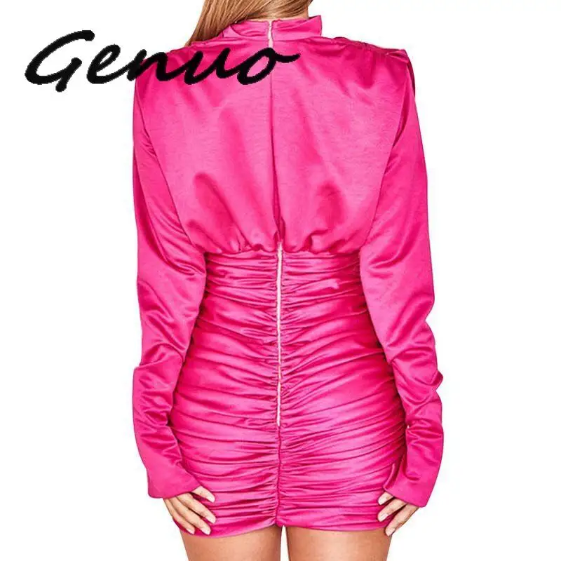 

Genuo New Women O-neck Full Sleeve Pleated Mini Dress Sexy Silky Slim Clubnight Party Dress Elegant Autumn Bodycon Dress Vestido