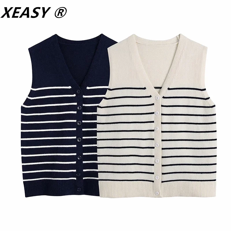 

Женский трикотажный жилет XEASY, однобортный винтажный свитер в полоску с V-образным вырезом, безрукавка, шикарные топы, 2021