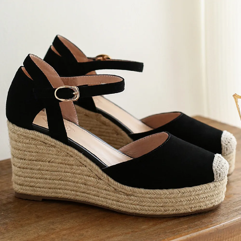 

Women's natural suede leather wedge platform high heel sandals round toe hemp decoration summer casual high heels pumps shoes