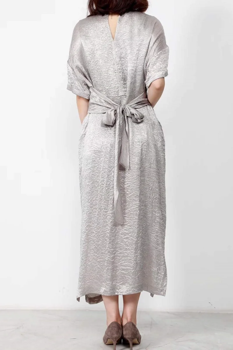 

Top Quality New Runway Dress 2020 Summer Women O-Neck Bow Belt Patchwork Short Sleeve Split Sexy Mid-Calf Length Pleated Dress