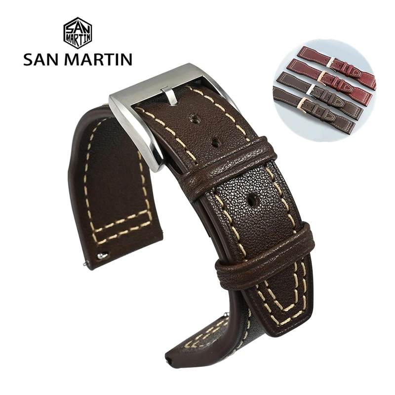 

San Martin Pilot Horween Cowhide Leather Watchband 20mm 22mm Watch Belt For Men Straps Quick Release Spring Bar Retro Pin Buckle