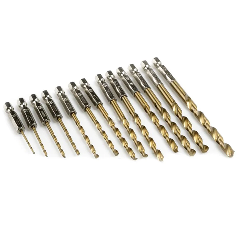 

13pcs High Speed Steel Titanium Coated Drill Bit Set Hex Shank 1.5-6.5mm Wood Plastic Tool Set