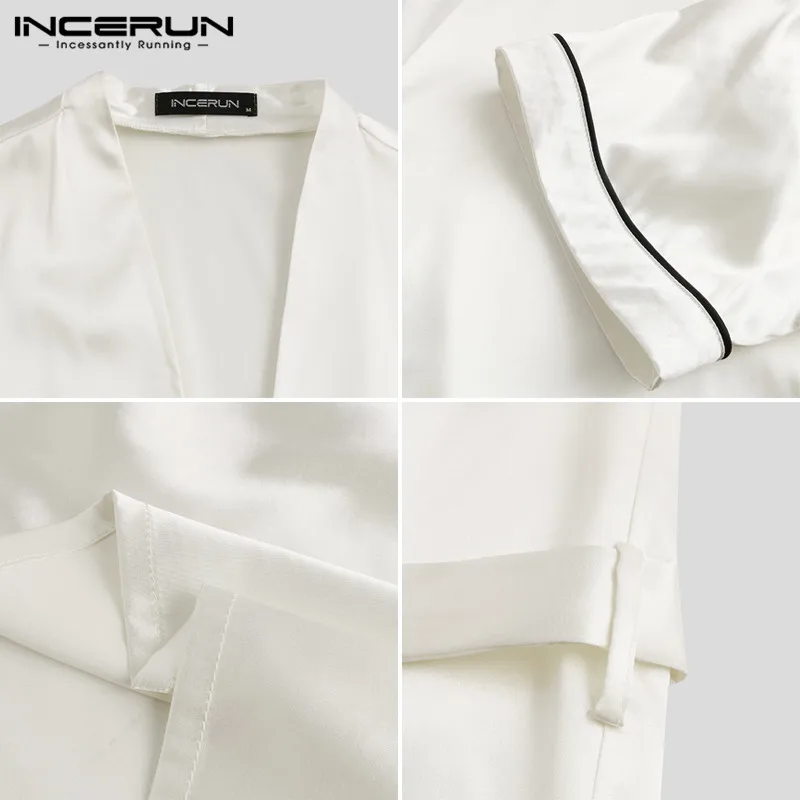 

INCERUN Summer Men Lounge Sleepwear Robes Short Sleeve V Neck Kimono Breathable Fashion Nightwear With Belt Men Bathrobes S-5XL