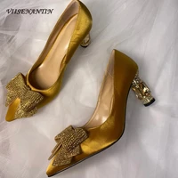 elegant high heel shoes for women silk pointed toe crystal butter fly shoes gemstone heel luxury slip on party shoe celebrity