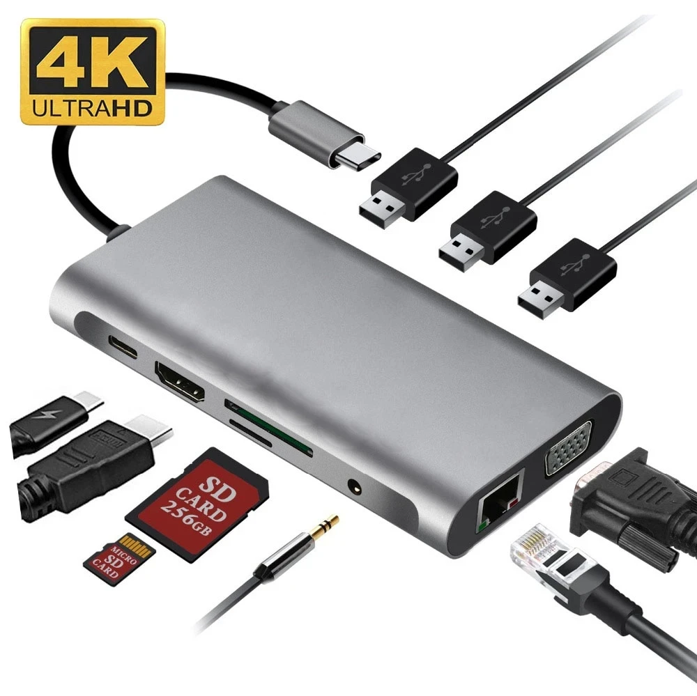 

Hdmi vga adaptador hub hdmi vga 10 em 1 tipo c adaptador usb 3.0 porto 4k hdmi vga rj45 gigabit ethernet para macbook pro