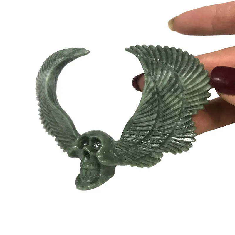 Новый ручной работы натуральный камень крыло Статуэтка Череп Кристалл резная