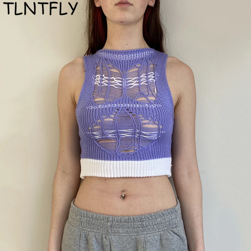 

Hole Knit Vest Hit The Color Woolen Short Tank Top Summer Corset Crop Top For Women 2021 Sexy See-Through Sleeveless Streetwear