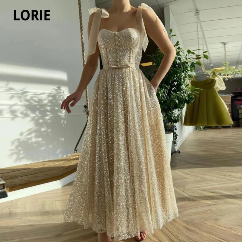 LORIE Shiny Prom Dresses Bling Bling Spaghetti Strap Cute Tea Length Sequins Night Party Gown for Graduation Celebrity Dress