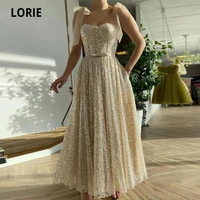 lorie shiny prom dresses bling bling spaghetti strap cute tea length sequins night party gown for graduation celebrity dress