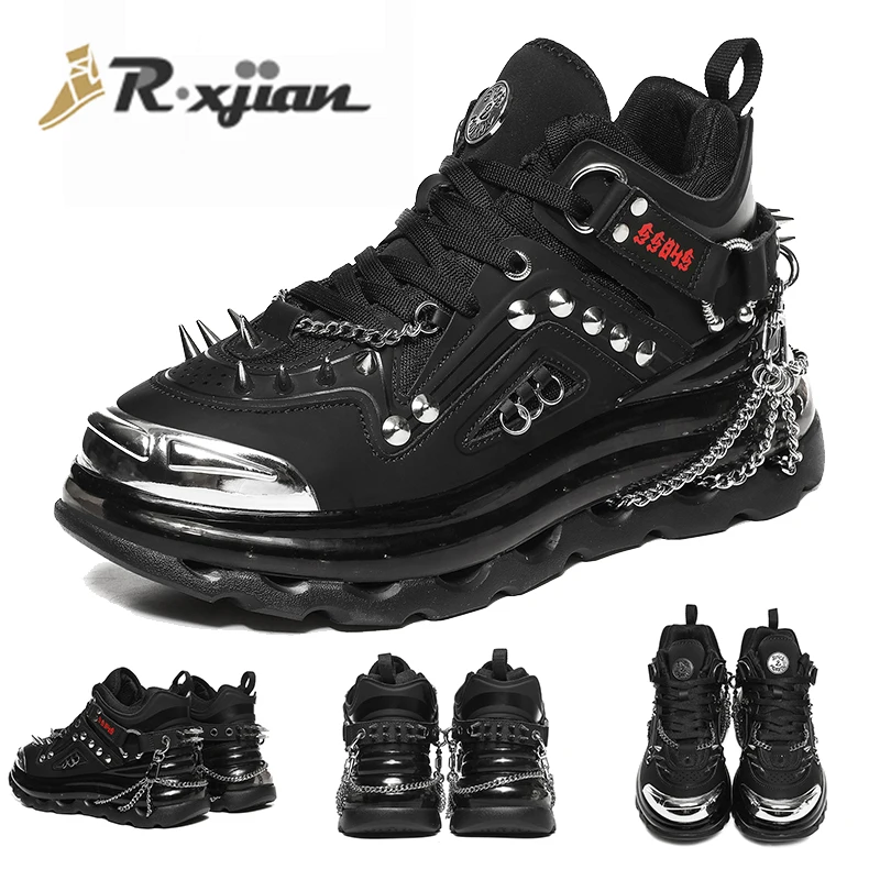 

2021 Latest Punk Style Men's Sports Shoes High Quality Trend Metal Style Black Sports Shoes Outdoor Breathable Martin Boots