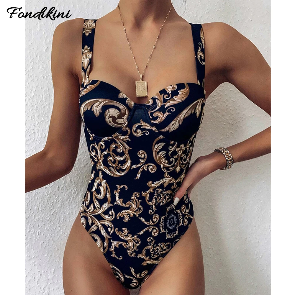 

2022 Print One Piece Swimsuit Women Swimwear Push Up Monokini Halter Brazilian Bathing Suit Swimming Suit Bodysuit Female