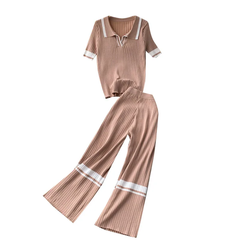 

color knit suit women long sleeve brief paragraph coat lapels pleated wide-legged pants leisure brim two-piece outfit