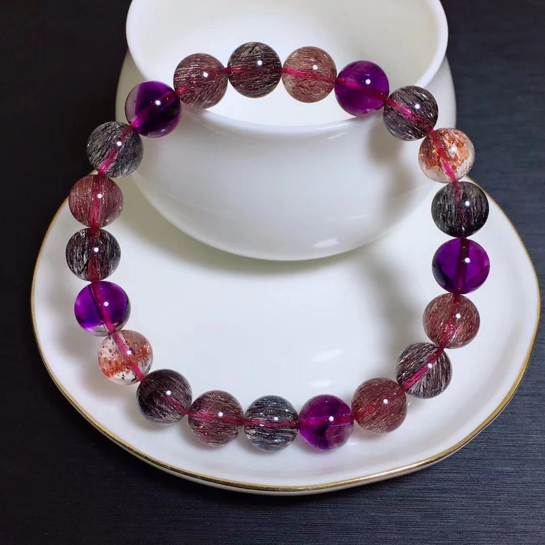 

Genuine Natural Colorful Super Seven 7 Red Lepidocrocite Clear Round Beads Rutilated Quartz Bracelet 9.2mm Crystal Women AAAAAA