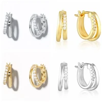 925 silver ear buckle irregular double layer hoop earrings for women crystal cz huggie earrings fashion female daily jewelry