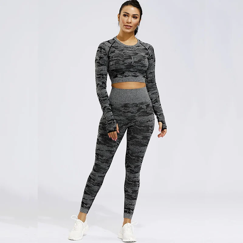 Black 2pcs Спортивная одежда, одежда для тренировок для женщин, комплекты для тренажерного зала, женские бесшовные леггинсы из 2 частей для йоги, фитнеса, спортивный костюм, спортивная одежда - Цвет: Black 2pcs