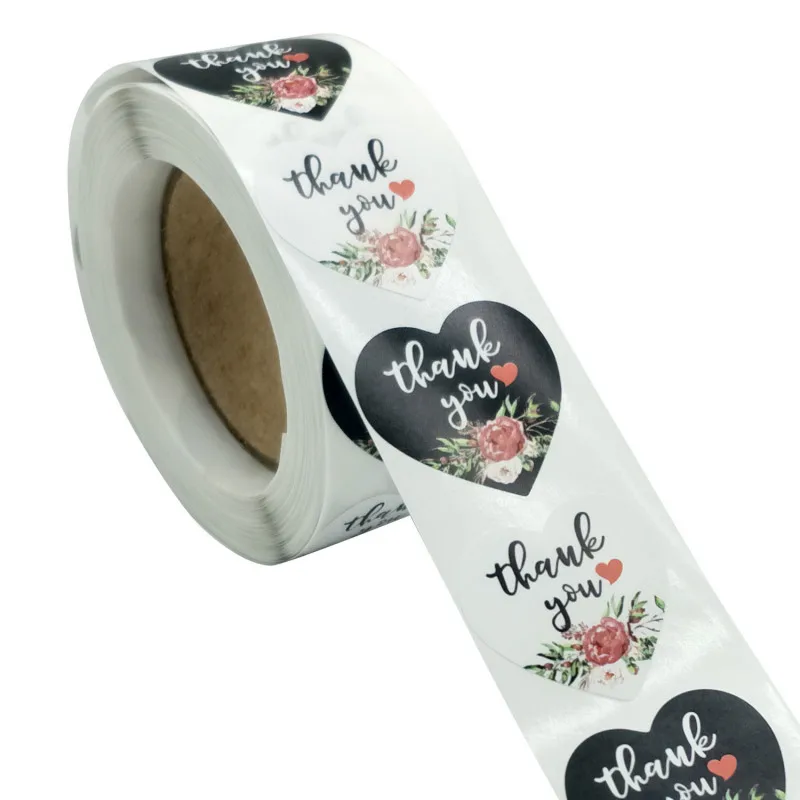 

500 Pcs A Roll Round black white Seal Lable Heart Flower Thank You Stickers Wedding Handmade Envelope Deco Gift Cute Stationary
