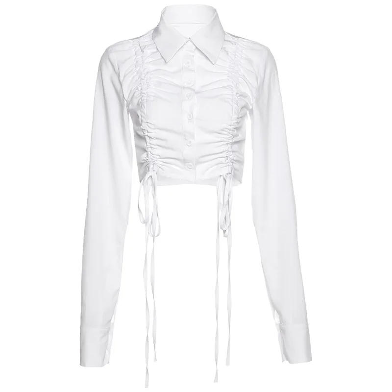 

Women Fashion Blouse with Drawstring New Long Sleeve Fit Shirt Fashion Spring Autumn 2021 Female Shirts Chic Tops