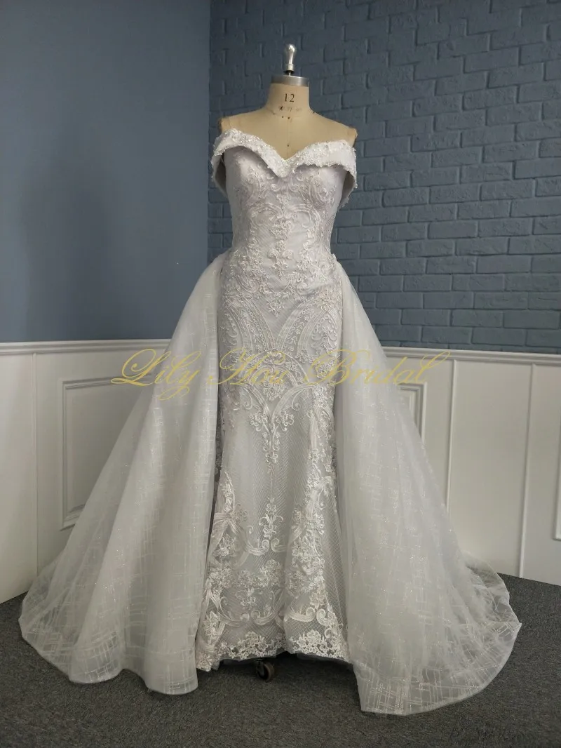 Luxury Detachable Wedding Dress Real Image Off the Shoulder Bling Bling Glitter Mermaid Bridal Gowns