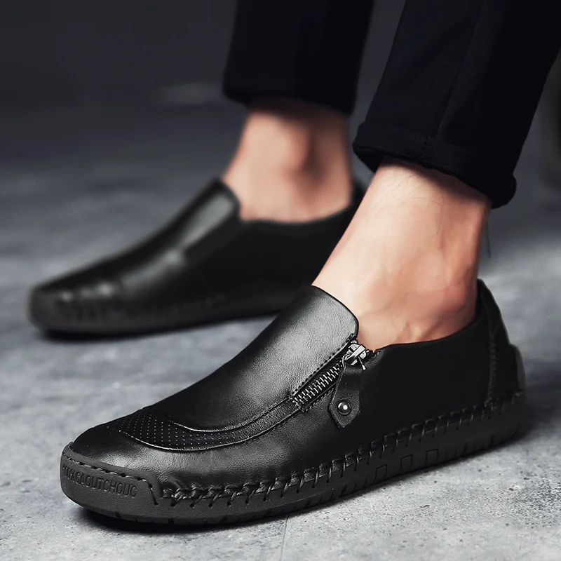 Fshion Men's Leather Casual Shoes Handmade Loafers Vintage Moccasin Slip on Rubber Flats Anti-skid Zip Opening Plus Size 38-48 | Обувь