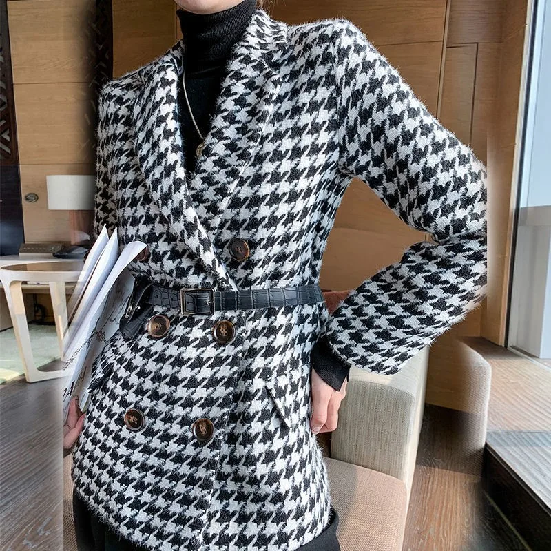 

New Fashion Houndstooth Blazers Women Woolen Loose Suit Coat Plus Size Office Lady Grey Casual Commute Blazers Slim Plaid Suit